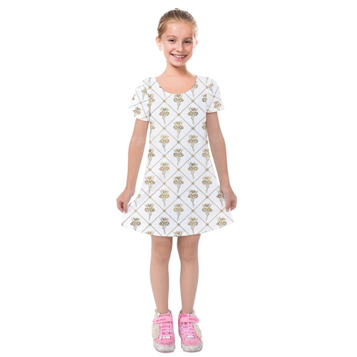 Flower Leaf Gold Kids  Short Sleeve Velvet Dress