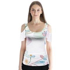 Flower Rainbow Circle Polka Leaf Sexy Butterfly Sleeve Cutout Tee 