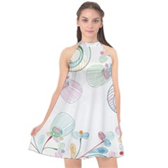 Flower Rainbow Circle Polka Leaf Sexy Halter Neckline Chiffon Dress 