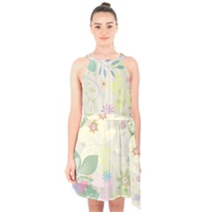 Flower Rainbow Star Floral Sexy Purple Green Yellow White Rose Halter Collar Waist Tie Chiffon Dress