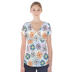 Flower Rainbow Fan Sunflower Circle Sexy Short Sleeve Front Detail Top