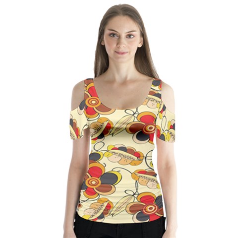 Flower Seed Rainbow Rose Butterfly Sleeve Cutout Tee  by Mariart