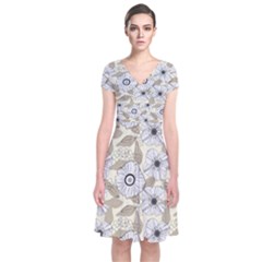 Flower Rose Sunflower Gray Star Short Sleeve Front Wrap Dress