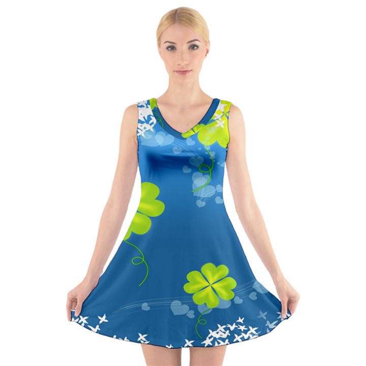 Flower Shamrock Green Blue Sexy V-Neck Sleeveless Skater Dress