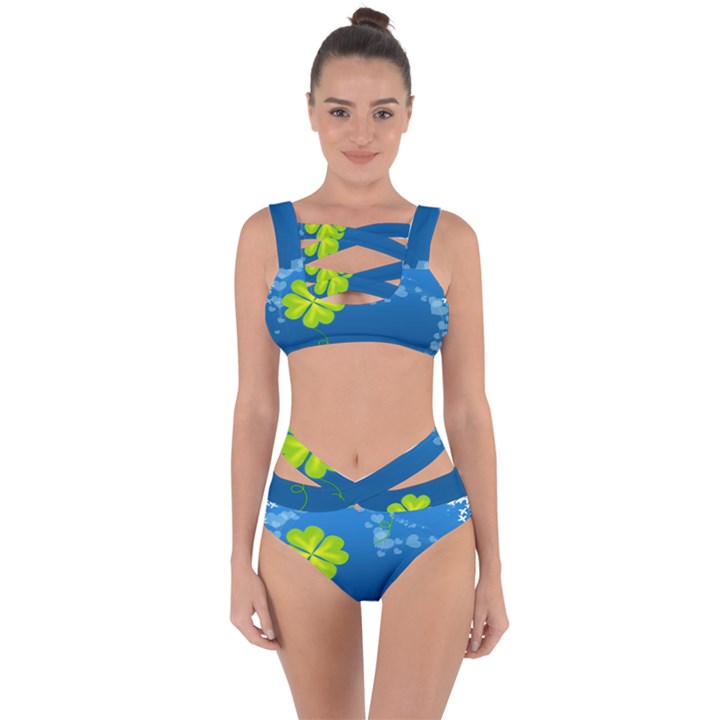 Flower Shamrock Green Blue Sexy Bandaged Up Bikini Set 