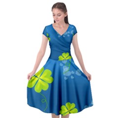 Flower Shamrock Green Blue Sexy Cap Sleeve Wrap Front Dress