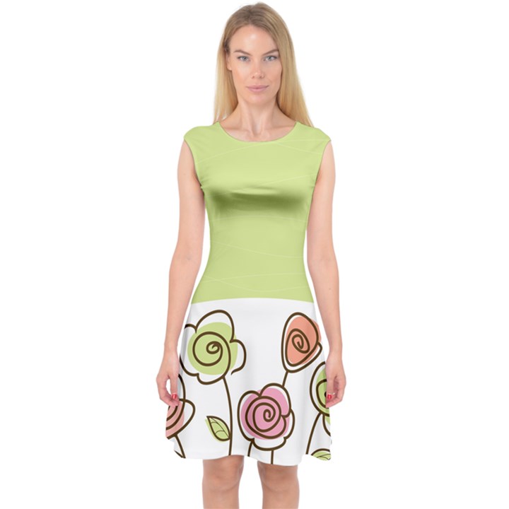 Flower Simple Green Rose Sunflower Sexy Capsleeve Midi Dress