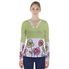 Flower Simple Green Rose Sunflower Sexy V-neck Long Sleeve Top by Mariart