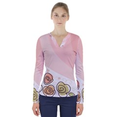 Flower Sunflower Wave Waves Pink V-neck Long Sleeve Top by Mariart