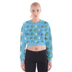 Frog Ghost Rain Flower Green Animals Cropped Sweatshirt by Mariart