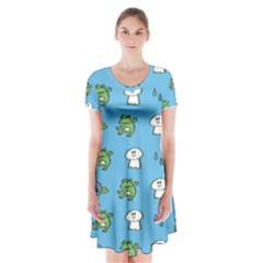 Frog Ghost Rain Flower Green Animals Short Sleeve V-neck Flare Dress by Mariart