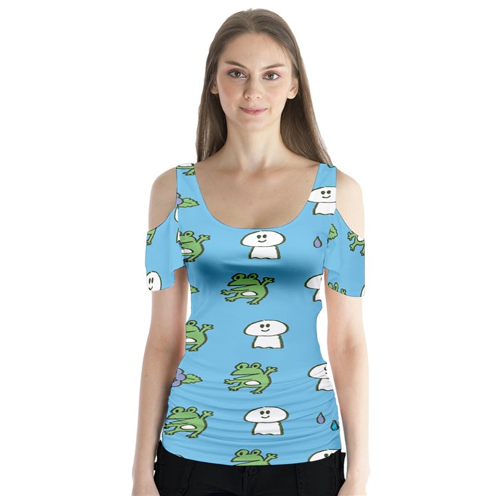 Frog Ghost Rain Flower Green Animals Butterfly Sleeve Cutout Tee 