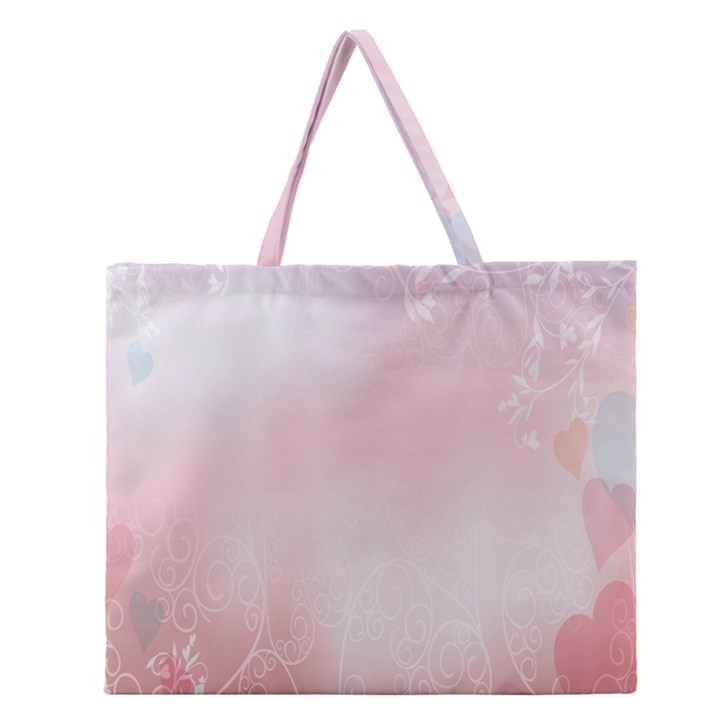 Love Heart Pink Valentine Flower Leaf Zipper Large Tote Bag