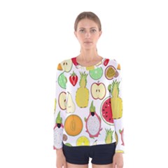 Mango Fruit Pieces Watermelon Dragon Passion Fruit Apple Strawberry Pineapple Melon Women s Long Sleeve Tee