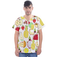 Mango Fruit Pieces Watermelon Dragon Passion Fruit Apple Strawberry Pineapple Melon Men s V-neck Scrub Top