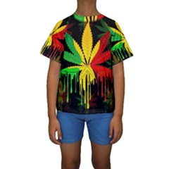 Marijuana Cannabis Rainbow Love Green Yellow Red Black Kids  Short Sleeve Swimwear