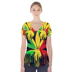 Marijuana Cannabis Rainbow Love Green Yellow Red Black Short Sleeve Front Detail Top