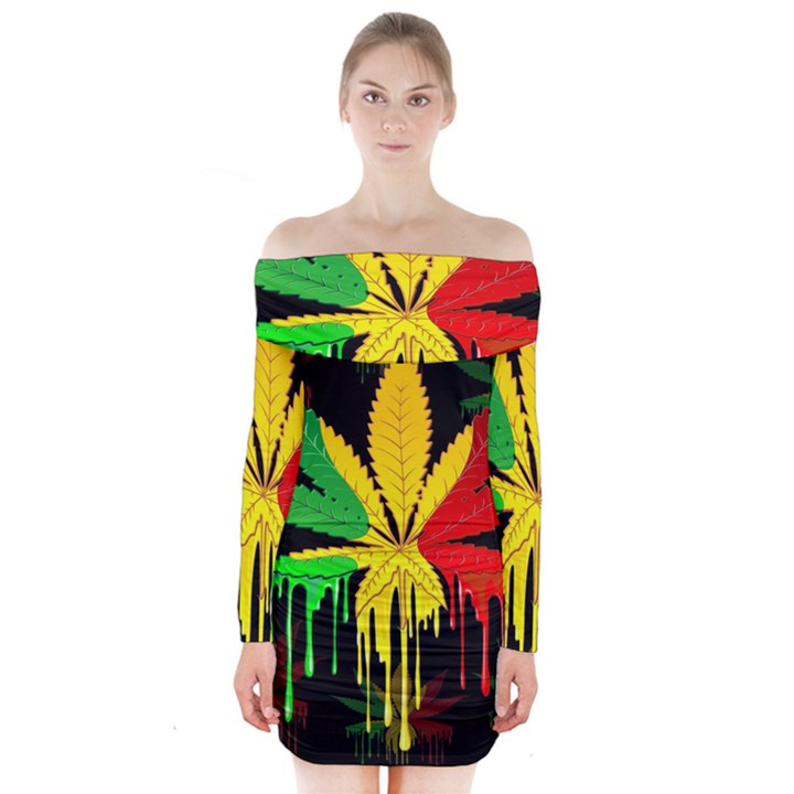 Marijuana Cannabis Rainbow Love Green Yellow Red Black Long Sleeve Off Shoulder Dress