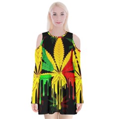 Marijuana Cannabis Rainbow Love Green Yellow Red Black Velvet Long Sleeve Shoulder Cutout Dress