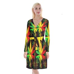 Marijuana Cannabis Rainbow Love Green Yellow Red Black Long Sleeve Velvet Front Wrap Dress by Mariart