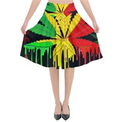 Marijuana Cannabis Rainbow Love Green Yellow Red Black Flared Midi Skirt