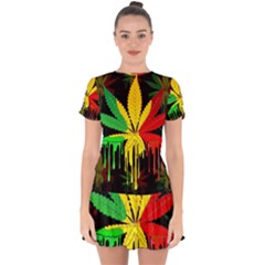 Marijuana Cannabis Rainbow Love Green Yellow Red Black Drop Hem Mini Chiffon Dress