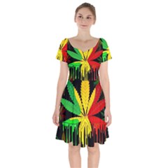 Marijuana Cannabis Rainbow Love Green Yellow Red Black Short Sleeve Bardot Dress