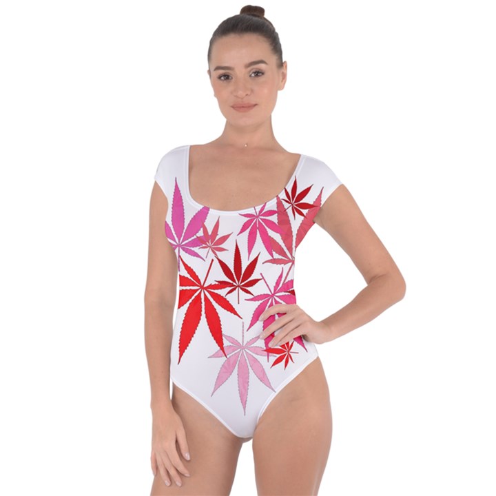 Marijuana Cannabis Rainbow Pink Love Heart Short Sleeve Leotard 