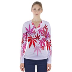 Marijuana Cannabis Rainbow Pink Love Heart V-neck Long Sleeve Top