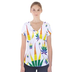 Marijuana Cannabis Rainbow Love Green Yellow Red White Leaf Short Sleeve Front Detail Top