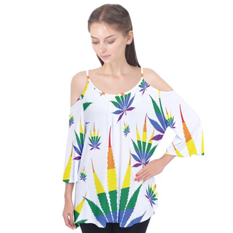 Marijuana Cannabis Rainbow Love Green Yellow Red White Leaf Flutter Tees by Mariart