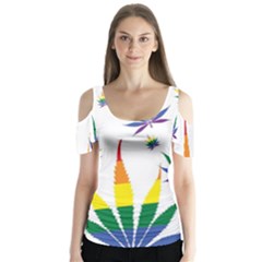 Marijuana Cannabis Rainbow Love Green Yellow Red White Leaf Butterfly Sleeve Cutout Tee 