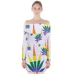 Marijuana Cannabis Rainbow Love Green Yellow Red White Leaf Long Sleeve Off Shoulder Dress