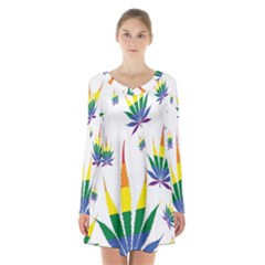 Marijuana Cannabis Rainbow Love Green Yellow Red White Leaf Long Sleeve Velvet V-neck Dress