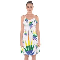 Marijuana Cannabis Rainbow Love Green Yellow Red White Leaf Ruffle Detail Chiffon Dress