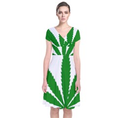 Marijuana Weed Drugs Neon Cannabis Green Leaf Sign Short Sleeve Front Wrap Dress