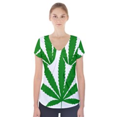 Marijuana Weed Drugs Neon Cannabis Green Leaf Sign Short Sleeve Front Detail Top