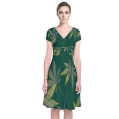 Marijuana Cannabis Rainbow Love Green Yellow Leaf Short Sleeve Front Wrap Dress