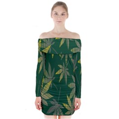 Marijuana Cannabis Rainbow Love Green Yellow Leaf Long Sleeve Off Shoulder Dress