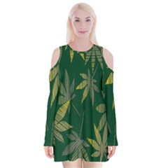 Marijuana Cannabis Rainbow Love Green Yellow Leaf Velvet Long Sleeve Shoulder Cutout Dress by Mariart