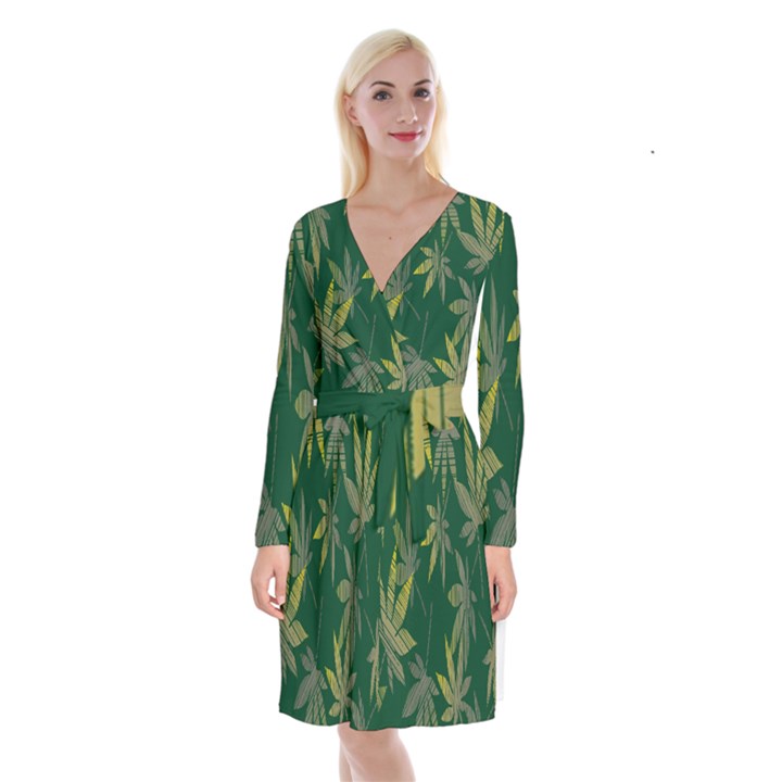 Marijuana Cannabis Rainbow Love Green Yellow Leaf Long Sleeve Velvet Front Wrap Dress