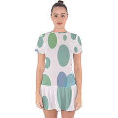 Polka Dots Blue Green White Drop Hem Mini Chiffon Dress