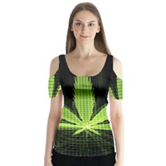 Marijuana Weed Drugs Neon Green Black Light Butterfly Sleeve Cutout Tee 