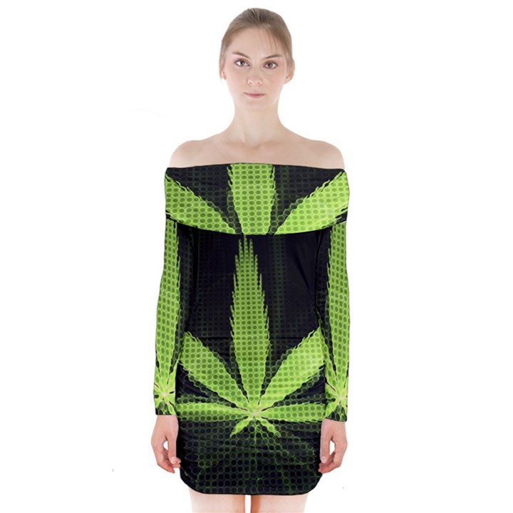 Marijuana Weed Drugs Neon Green Black Light Long Sleeve Off Shoulder Dress