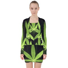 Marijuana Weed Drugs Neon Green Black Light V-neck Bodycon Long Sleeve Dress by Mariart