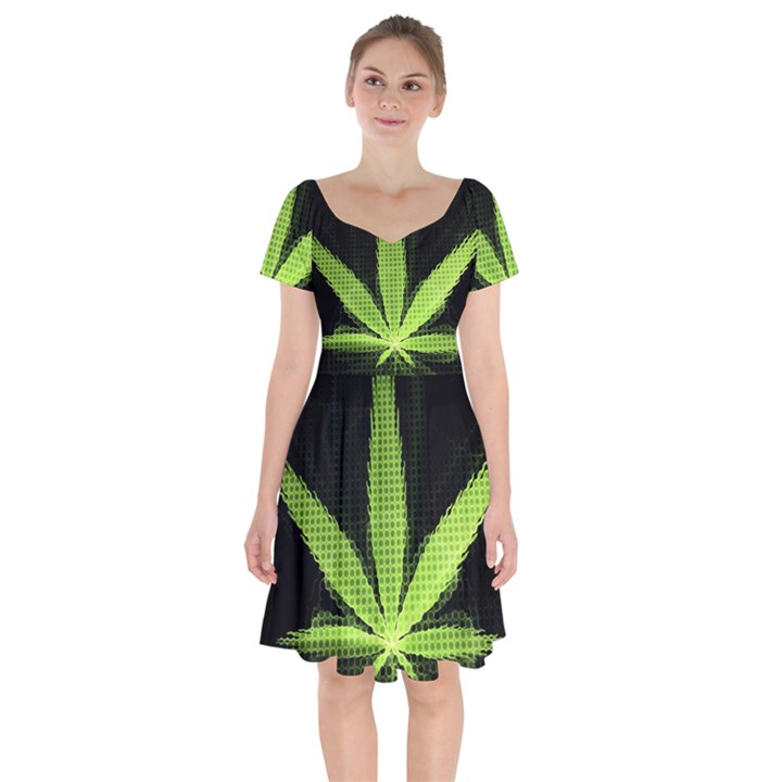 Marijuana Weed Drugs Neon Green Black Light Short Sleeve Bardot Dress