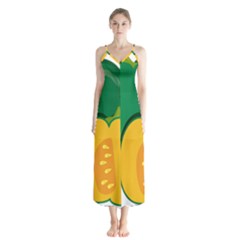 Pumpkin Peppers Green Yellow Button Up Chiffon Maxi Dress