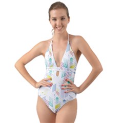 Layer Capital City Building Halter Cut-out One Piece Swimsuit