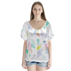 Layer Capital City Building V-neck Flutter Sleeve Top by Mariart