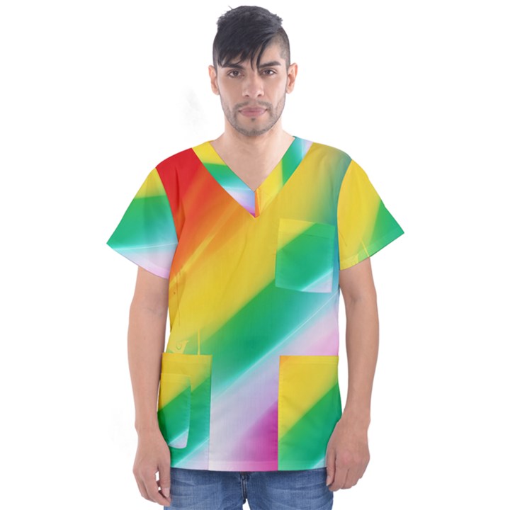 Red Yellow White Pink Green Blue Rainbow Color Mix Men s V-Neck Scrub Top